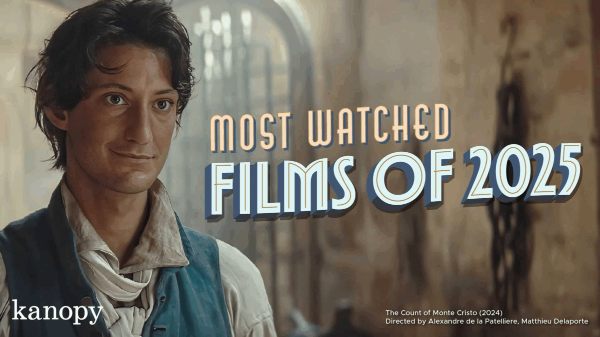 A young man in period costume stands indoors next to text that reads "Most Watched Films of 2025." The Kanopy logo is in the corner. Click the slide for more information. 