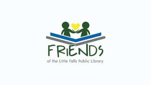 Two stick figure people hold hands with a yellow heart in between. The text reads 'Friends' in large green text over smaller green text reading 'of the Little Falls Public Library'.