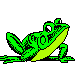 Animated green frog hopping to the right on a plain background.