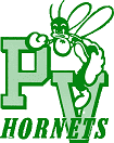 Green hornet mascot leaning on large "PV" letters with the word "HORNETS" below.