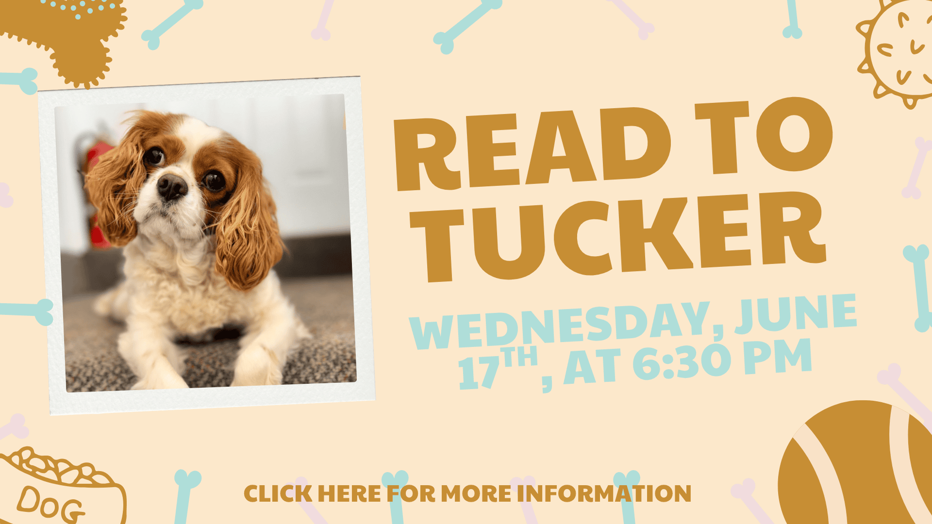 A Cavalier King Charles Spaniel lies down beside text promoting a "Read to Tucker" event on Wednesday, June 17th at 6:30 pm, with a link for more information. Click here for more information.