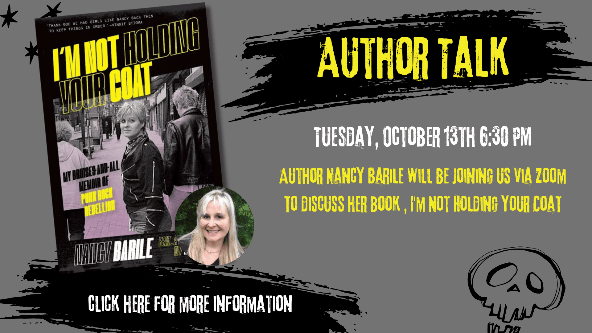 Flyer for an author talk with Nancy Barile on Tuesday, October 13th at 6:30 PM via Zoom, featuring her memoir, “I’m Not Holding Your Coat.”