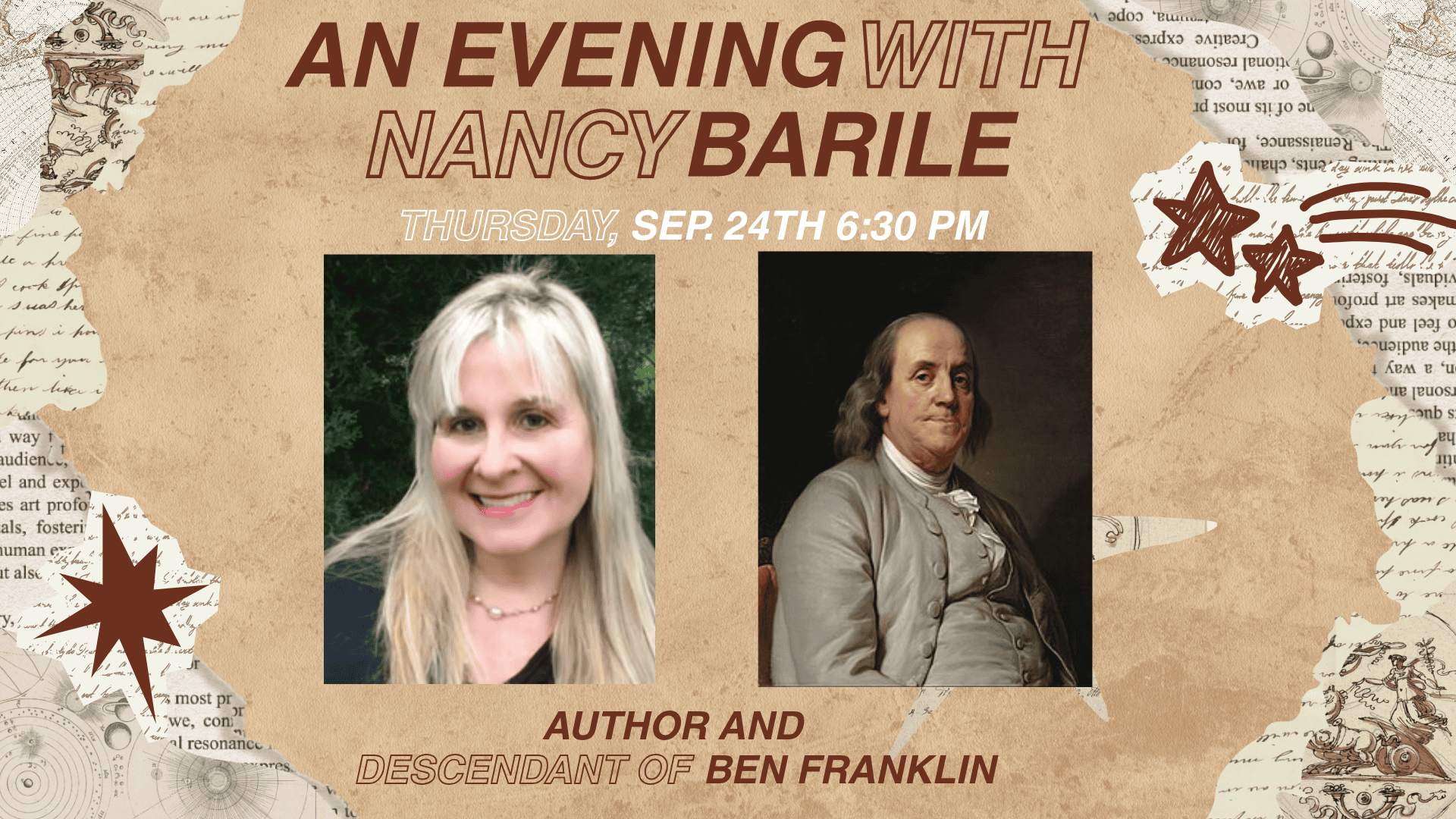 Promotional graphic for “An Evening with Nancy Barile” event, featuring a photo of Nancy Barile and a painting of Ben Franklin. Event date: Sep. 24th, 6:30 PM.